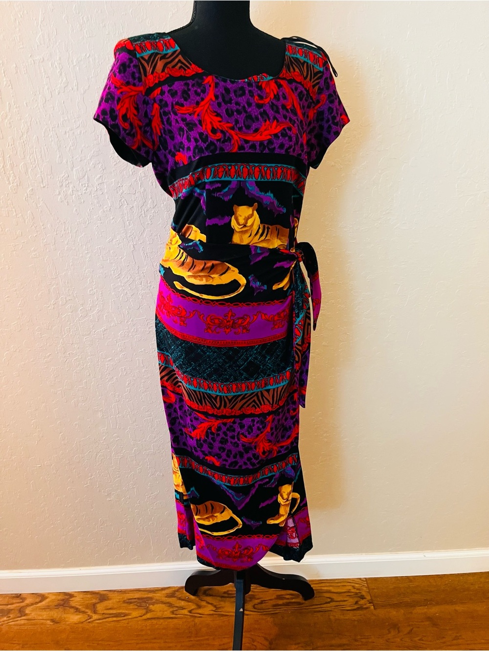 Vibrant Purple Multicolor Tie-Waist Midi Dress